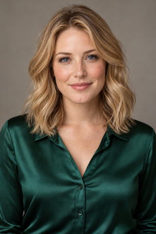 Fictional blonde adult woman wearing an emerald blouse