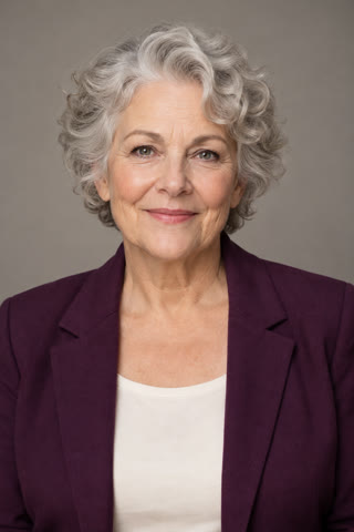 Fictional silver-haired adult woman wearing a plum jacket